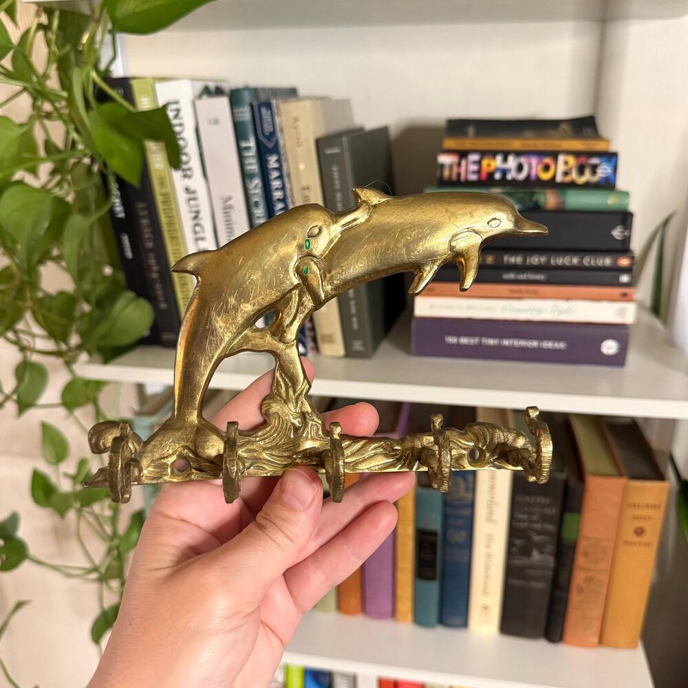 Vintage Solid Brass Dolphin Key Hook Rack / Coastal Nautical Wall Decor